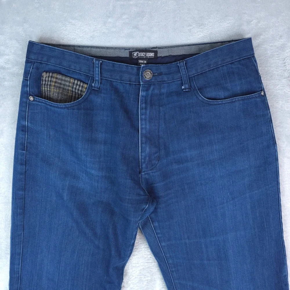 Stacy Adams Jeans Mens 38x34 Blue Denim Plaid Pocket Accents Cotton Casual